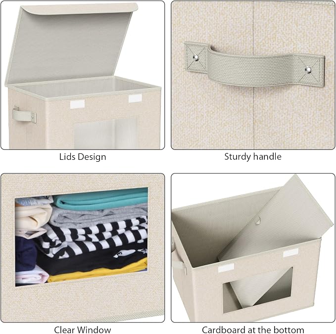 Univivi Collapsible Stackable Storage Bins with Lids, 4 Pack, Beige | 17 x 12 x 12 In Foldable Fabric Closet Organizer Containers, Stackable Closet Organizer and Storage for Home, Office, Bedroom - Image 4