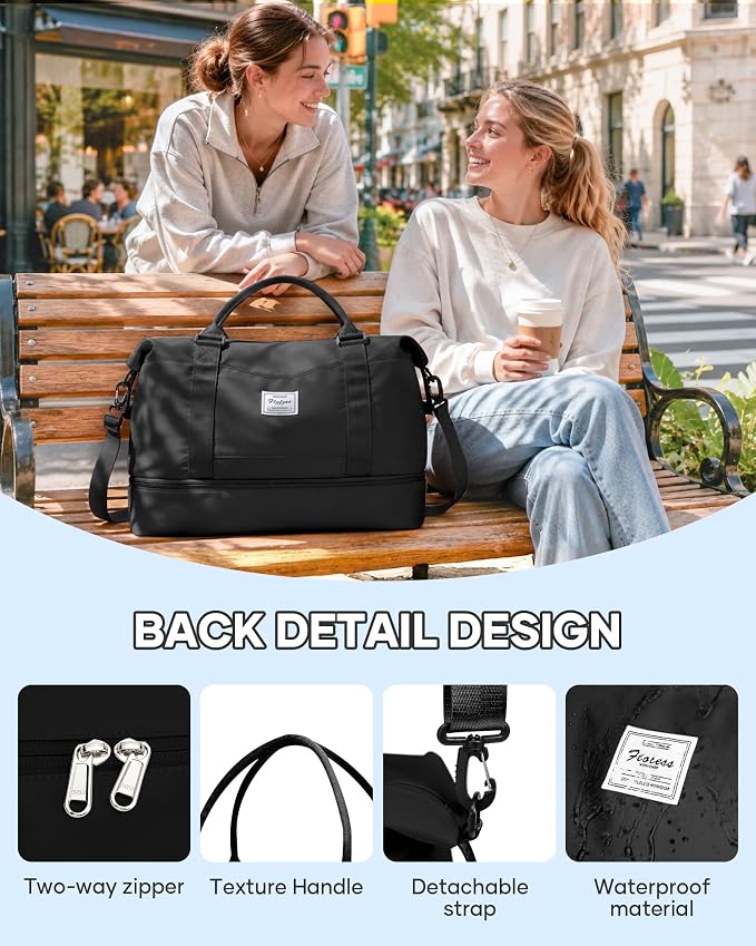 Travel Duffel Weekender Bag Women Tote Carry On Bags With Shoe Compartment | 18x14x8 inches Travel Overnight Bags with Trolley Sleeve for Airplanes Waterproof Sport Tote Gym with Toiletry Bag Black - Image 5