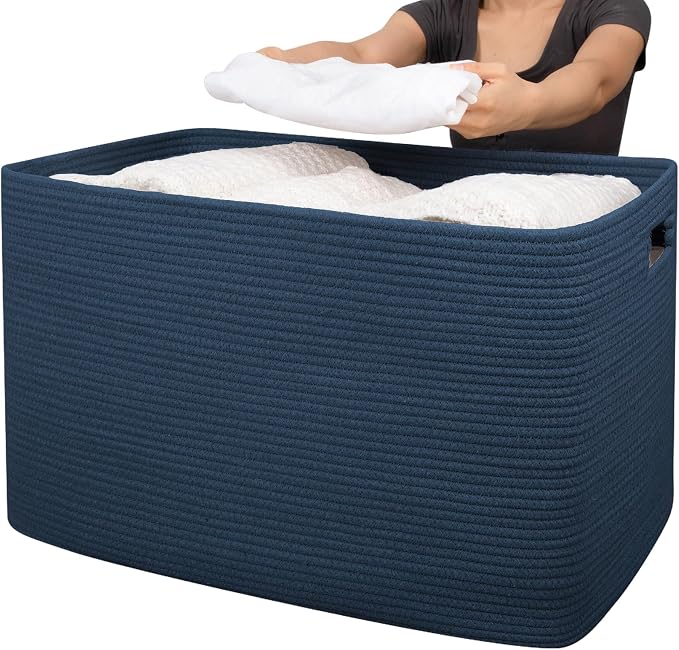 OIAHOMY 118L XXXLarge Cotton Rope Storage Basket, Oversized Blanket Basket, Used for Organizing Dirty Clothes in Living Room, Bedroom, Nursery, Dog Toy Storage Bins, 25" x 17" x 16",Blue by MasterofSpaceOptimization