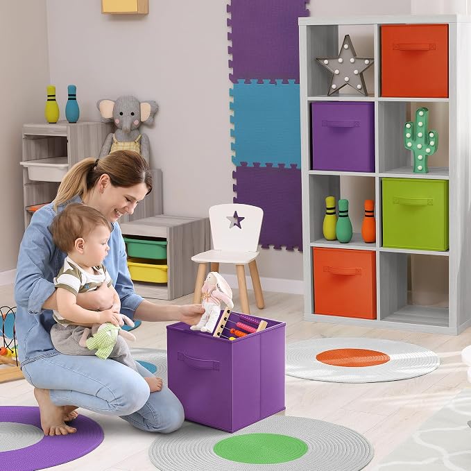 Sorbus Storage Cubes - 11" Foldable Storage Bins with Handle for Nursery, Playroom, Closet Organizers and Storage - 6 Fabric Shelf Basket for Toys, Books, Clothes - Purple Green & Orange Storage Bin - Image 2