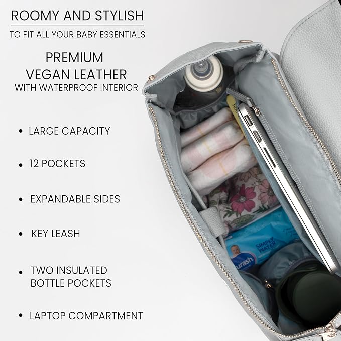 Premium Vegan Leather Diaper Bag Backpack – Large Designer Baby Bag, Stylish Diaper Backpack with Stroller & Crossbody Straps & Multiple Compartments (Ash Grey) - Image 3