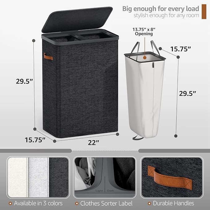 Sorbus Laundry Hamper with Lid - Collapsible 2-Compartment Fabric Laundry Basket with Handles and Removable Laundry Bag – 45 Gallon (170 L) Dirty Clothes Hamper for Bedroom, bathroom and dorm (Black) - Image 2
