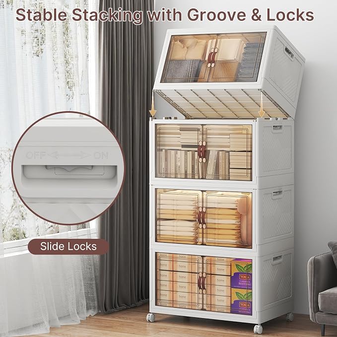 Stackable Storage Bins with Lids, 960QT Lockable Storage Cabinet | Folding Storage Box with Doors and Wheels, Collapsible Plastic Drawers for Home, Garage, Office - Image 3