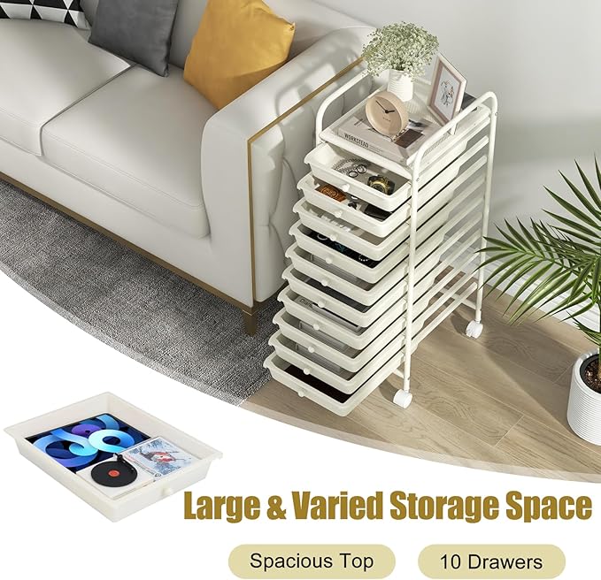 GOFLAME 10-Drawer Rolling Storage Drawer Cart, Utility Cart with Removable Drawers & Metal Frame, Mobile Art Craft Drawer Cart with Lockable Wheels for Home, Office, Studio, School, White - Image 4