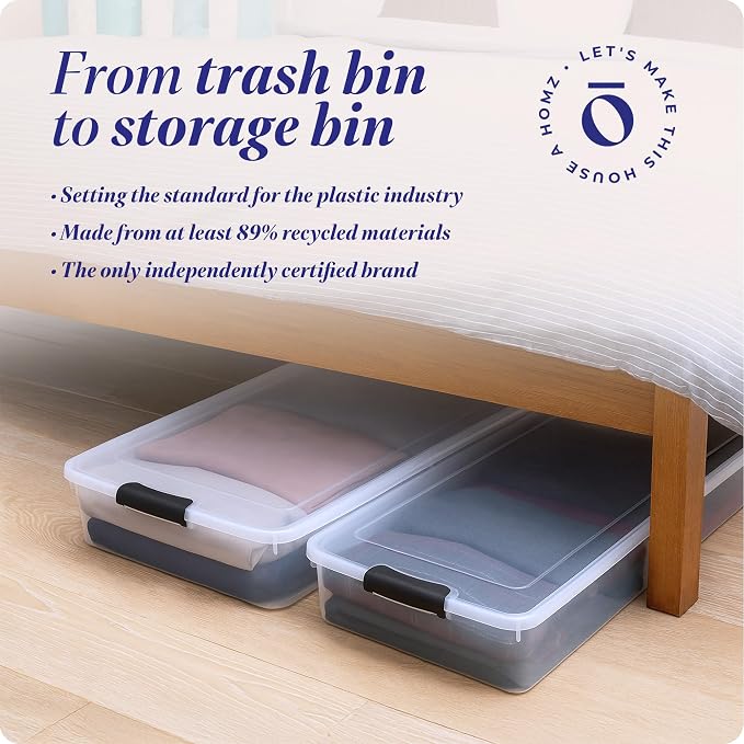 HOMZ Under Bed Clear Plastic Storage Bin w/Lid, 60 Qt, Gray Latch, 2 Pack | Stackable Underbed Container Set for Shoes, Bags, Clothes, and Towel Organization - Image 7