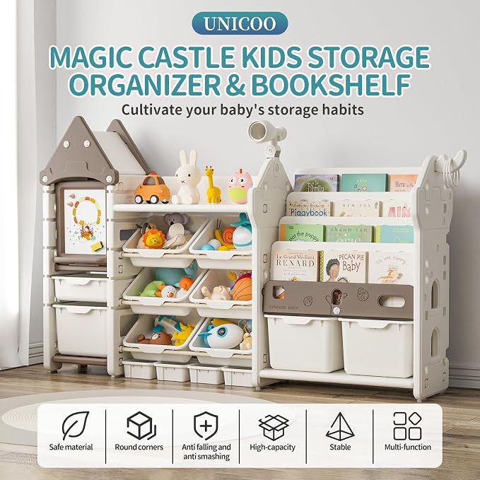 Kids Toy Storage Organizer with Bookshelf, 14-Bin Playroom Organizer and Bookcase, HDPE Toddler Storage Shelf with Drawing Board, for Nursery, Bedroom and Playroom (Brown) - Image 4