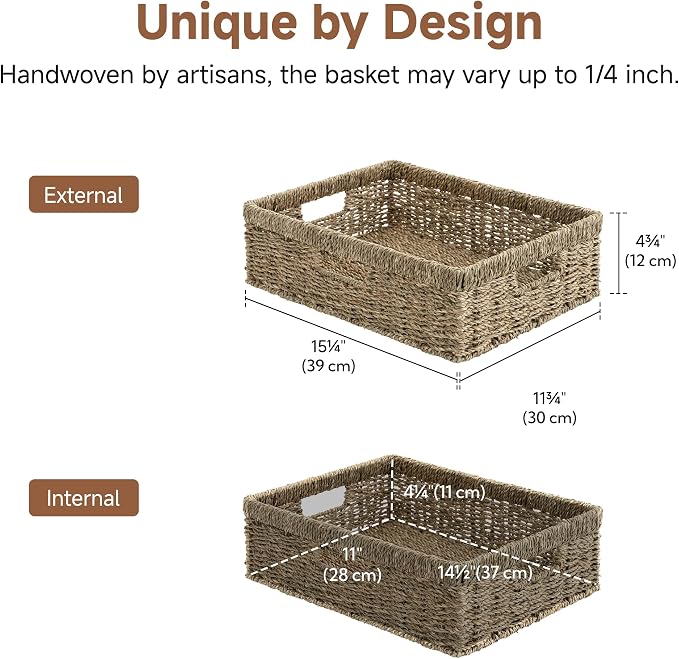 StorageWorks Pantry Baskets, Wicker Storage Baskets, Shallow Basket, 1-Pack | Seagrass Baskets, Wicker Storage Baskets for Organizing, Pantry Organizers and Storage, Woven Baskets, 15¼"L x 11¾"W x 4 ¾"H - Image 2