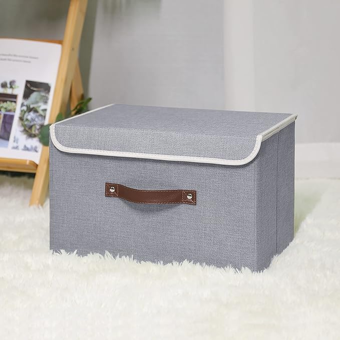 ANMINY Fabric Storage Box Bins with Lids, Gray, 15"x10"x10" | Keepsake Memory Storage, Cotton Linen, PP Board Reinforced, Washable, PU Handles, Foldable & Stackable, Decorative, Large - Image 6
