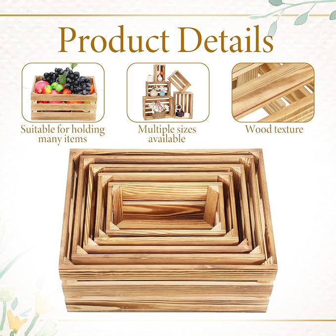 5 Pcs Decorative Nesting Wooden Crates for Storage Display Rustic, Large Torched Wood Storage Crates, Large Farmhouse Wooden Basket with Handle for Storages Container and Decorations, 5 Size - Image 4