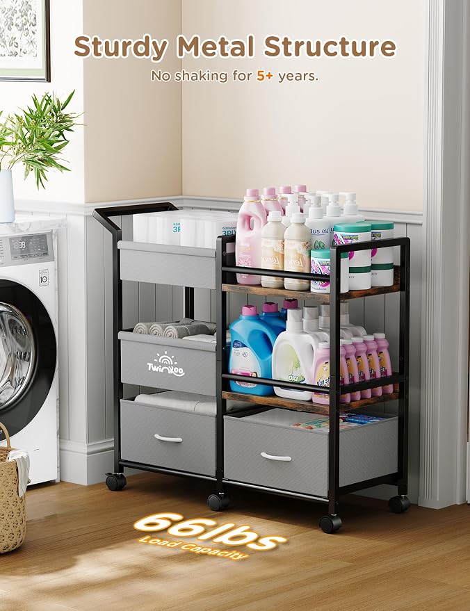 Twinkoo Baby Diaper Caddy Organizer, 3 Tier Rolling Cart | Tiered Modular Configuration, 66 lbs Capacity, Rolling Wheels, Dipaer Bag, Nursery Newborn Essentials, Easy To Assemble - Image 4