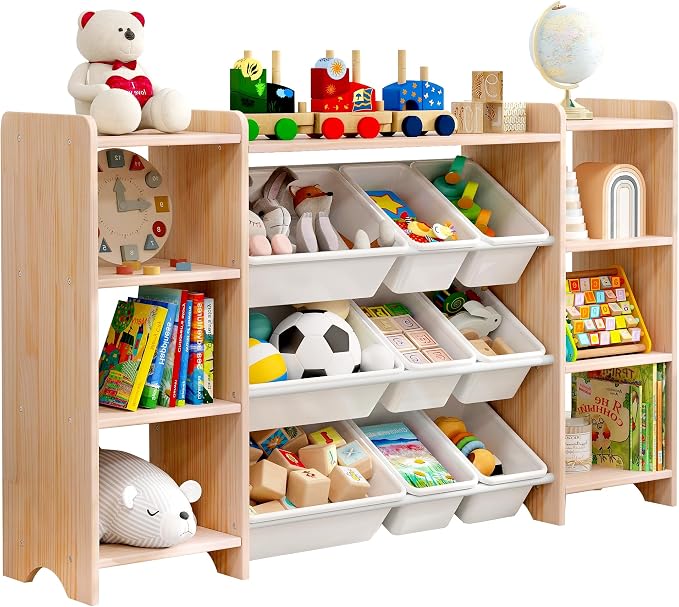 MallBest 57" Extra Wide Toy Storage Organizer and Kids Bookshelf, Solid Pine Wood Frame Playroom Organizer with 9 Bins, 4-Tier Toy Organizer for Kids Room, Nursery and Bedroom, Natural by MallBest
