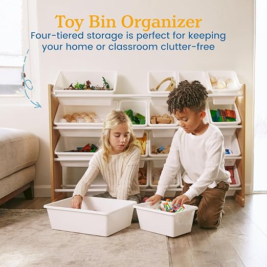 ECR4Kids 4-Tier Organizer with 16 Removable Plastic Bins, 4x4, Toy Storage, Natural/Primary | Durable plastic bins, MDF panels, steel frame, GREENGUARD Gold Certified, 72 lb capacity, anti-tip kit, playroom/classroom - Image 4