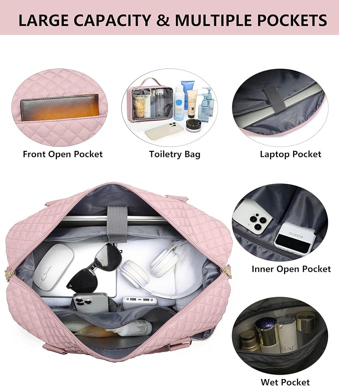 Weekender Duffle Bags for Women - Travel Duffel with Shoe Compartment, Carry On Overnight Bag, Gym Tote with Wet Pocket, Pink - Image 4