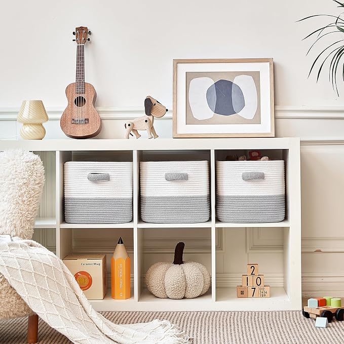R RUNKA Storage Cube Baskets for Organizing- 3 Pack- 11 inch Square Baskets for Cube Storage, Closet Storage Bins- Woven Cube Storage Bins for Shelves- Ideal for Toy Storage |White & Grey - Image 3