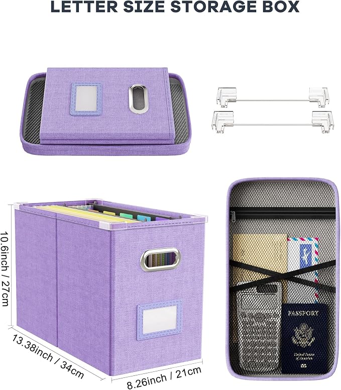 File Organizer Box with Lid, Hanging Filing File Box with Mesh Pocket, Document Organizer Box for Letter Files, Portable Storage Box with Smooth Sliding Rail for Office&Home (1 PCS, Lavender) - Image 2