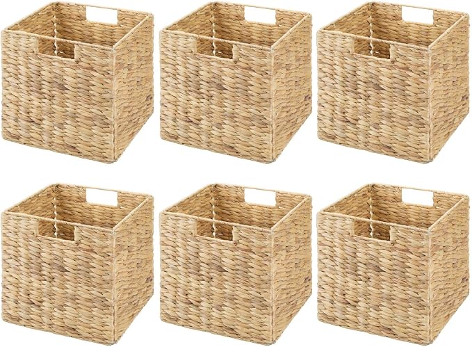 mDesign Natural Woven Hyacinth Cube Organizer Basket with Handles, Storage for Bathroom, Laundry Room Shelf or Nursery - Perfect for Cubby Storage Units - Hold Blankets and Books - 6 Pack, Natural/Tan - Image 9