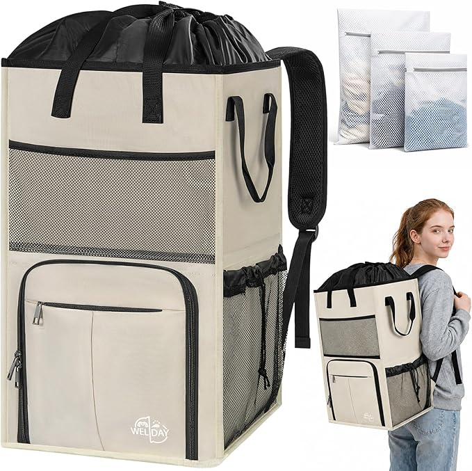 Large Laundry Backpack Bag with 3 Sizes Mesh Wash Bags Total 170L | 2 in 1 Laundry Hamper Basket with Shoulder Straps, Freestanding Laundry Bag for College Dorm, Laundromat, Apartment by WELIDAY
