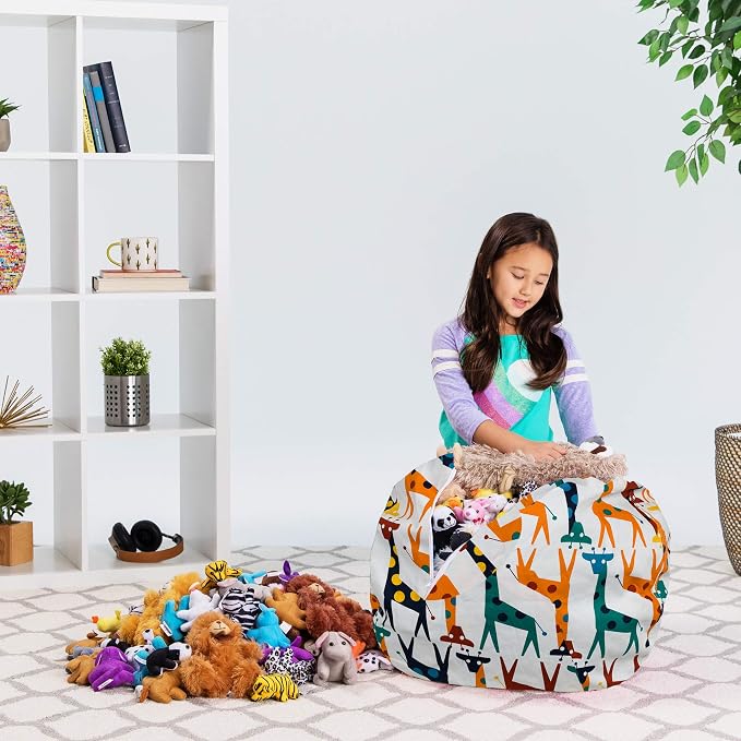 Posh Creations Stuffable Kids Stuffed Animal Storage Bean Bag Chair Cover - Childrens Toy Organizer, Medium-27 - Canvas Giraffes on White - Image 5