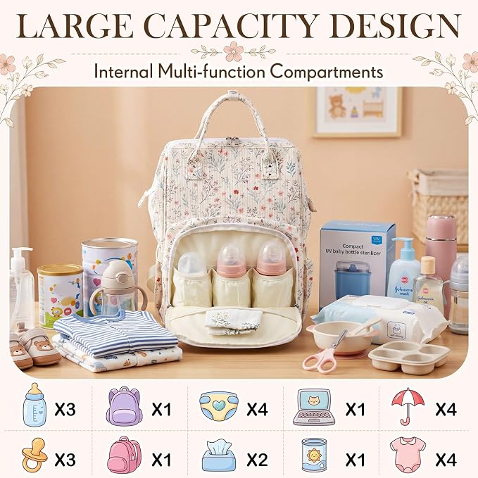 Light White Corduroy Floral Diaper Bag Backpack for Mom Large Capacity Multifunction Travel Backpack for Women, Cute Diaper Bag - Image 7