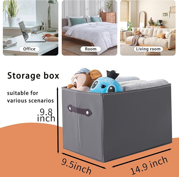 1 Pack Large Collapsible Storage Baskets for Shelves,14.9"x9.5" Fabric Closet storage Boxes with Leather Handles,Decorative Organizers Storage Bins for Clothes,Sheets,Toys,Books,(Gray) - Image 2