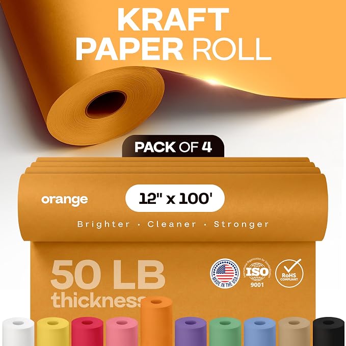 12" x 1200" (100 ft) Orange Kraft Paper Roll, Pack of 4 - USA-Made Quality Craft Paper for Gift Wrapping, Kids' Arts & Crafts, School Projects - 50 lb Natural Material by IDL Packaging - Image 3
