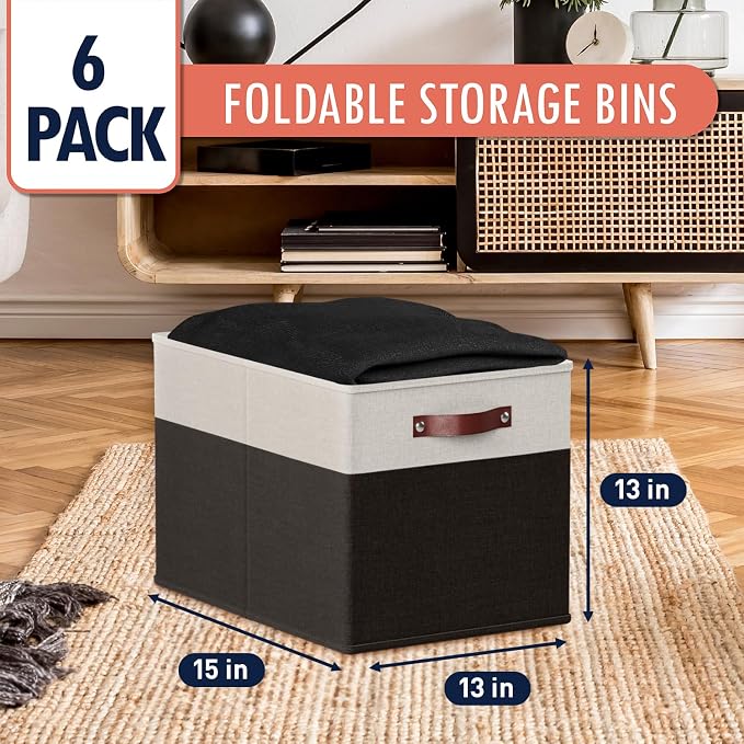 Ornavo Home 13x15x13 Foldable Fabric Storage Cube Bins, 6 Pack, White/Black | Collapsible Linen Shelf Basket Organizer; Leather Handles; Fits Cube Storage Shelving Units - Image 3