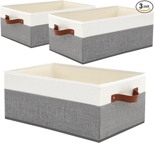 3 Pack Large Capacity Storage Bins Closet Organizer for Shelves | Fabric Closet Storage Baskets Boxes with Leather Handles for Organizing Clothes, Sheets, Jeans, Toys, Books (Grey) by Unknown