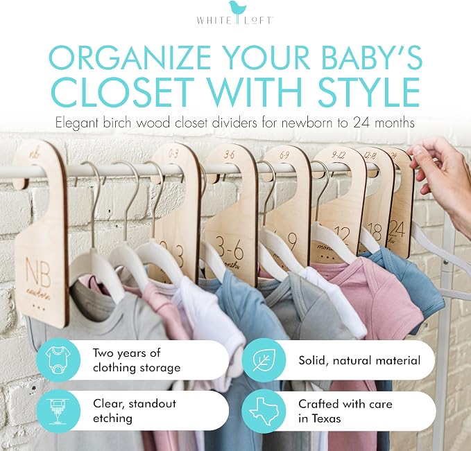 White Loft Baby Closet Dividers in Natural Birch Wood - Wooden Nursery Closet Organizer with Etched Labels for Newborn to 24 Months - 7 Piece Gift Set - Image 2