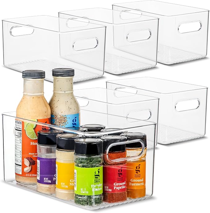Plastic Food Storage 6 Pack Clear Container Bin with Handles for Organizing Kitchen, Pantry, Fridge, Freezer, Pantry,Bathroom. 10"x6"x5" by primebox