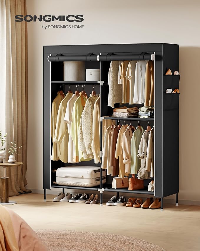 SONGMICS Portable Closet, Fabric Wardrobe, Clothes Rack with Shelves, Pockets, Large Capacity, 3 Hanging Rods, 50 x 17.7 x 70.9 Inches, Black URYG010BZ02 - Image 2