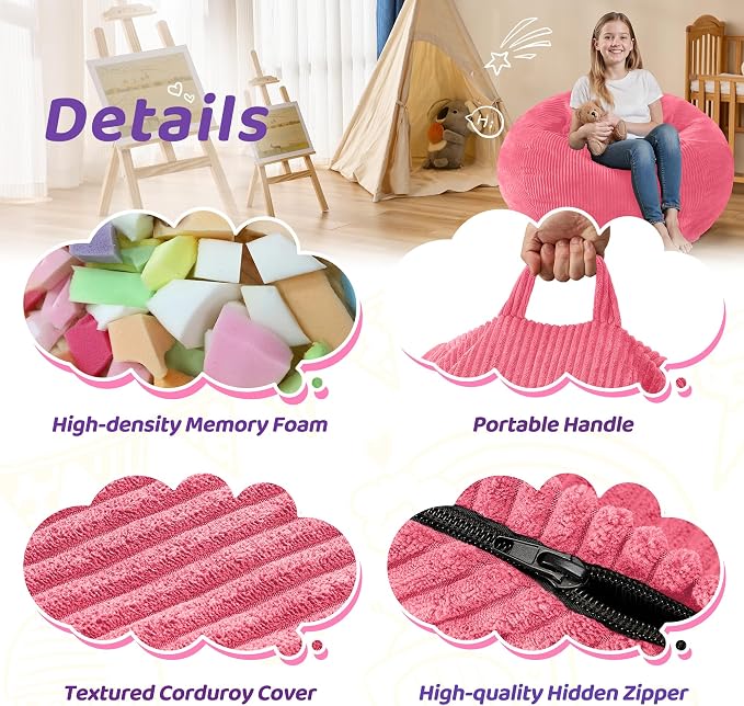 2FT Bean Bag Chair: 2' Small Bean Bags with Memory Foam Filled | Beanbag Chairs with Handle,Teardrop Bean Bag Sofa with Corduroy Machine Washable Cover for Living Room,Bedroom-Pink - Image 6