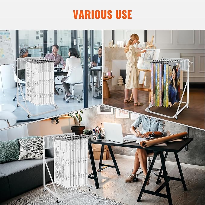 VEVOR Mobile Blueprint Storage Rack, Plan Holder with 12 Pivot Brackets, Mobile Blueprint Holder Adjustable Height & Length, Poster Display Rack for Office and Home (Rack Only Without Clamps) - Image 7
