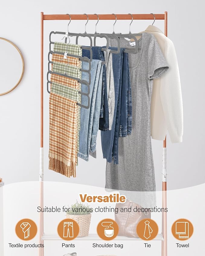 10 Pack Velvet Pants Hangers Space Saving, Non Slip 2-Layer Hanger (Grey) | Heavy Duty Flocked Trouser Hangers,pants organizer for closet with Swivel Hook, Felt Jean Hangers for Women and Men - Image 6