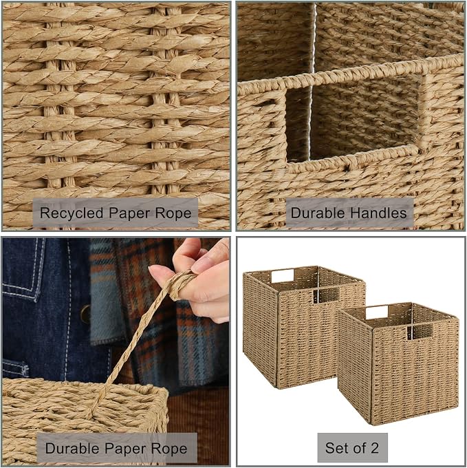 Wicker Storage Basket, Set of 2 Hand-Woven Wicker Basket, 11 inch Storage Baskets for Organizing and Decor, Foldable Cube Storage Organizer Bins Baskets for Shelves, Woven Basket, Natural - Image 5