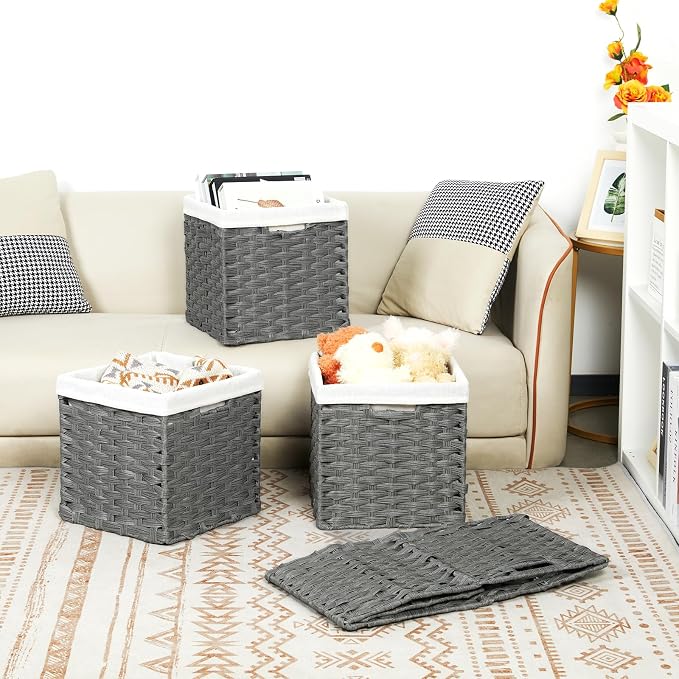 Bidtakay Wicker Storage Baskets for Organizing 4-Pack Hand-Woven Imitation Dark Grey Wicker Cube Storage Bins with Liners for Shelves Closet Cabinet 11x11 Waterproof Cube Organizer for Pantry - Image 5