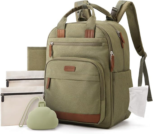 mommore Baby Diaper Bag with Waterproof Changing Pad, Green | Backpack Bottle Holders Insulated & Pacifier Case, 2 Organizer Pouches by mommore