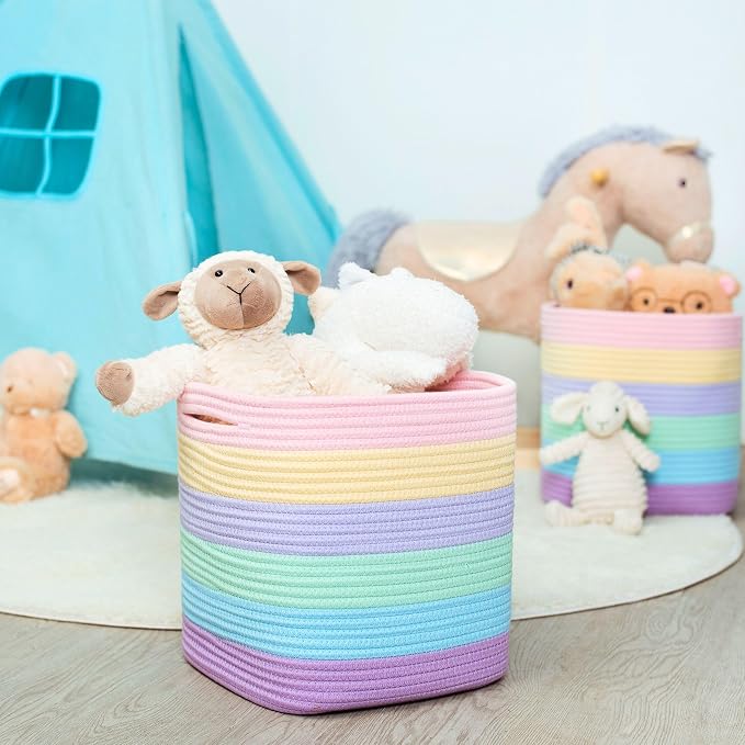 3-Pack 11x11in Woven Cube Storage Bin and Shelf Baskets, Cute Decorative Square Organizer for Closet, Classroom, Bathroom, Dog and Cat Toys, and Books, Pastel Rainbow - Image 3