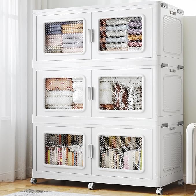 BROVIEW 900 Qt Extra Large Stackable Storage Bin with 1 Lid, 3 Pack White | 225Gal Extra Large, Collapsible Storage Boxes with 1 Lid, Folding& Rolling Plastic Drawer, Heavy-Duty Cabinet Organization by BROVIEW-EnjoytheArtofLife