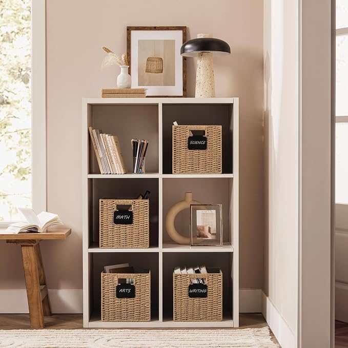 UBBCARE 4 Pack Small Wicker Basket, 9×9 Storage Cubes with Label, Foldable Cube Storage Bin with Handle, Square Storage Basket for Shelves, Woven Paper Rope Basket for Organizing, Brown - Image 5