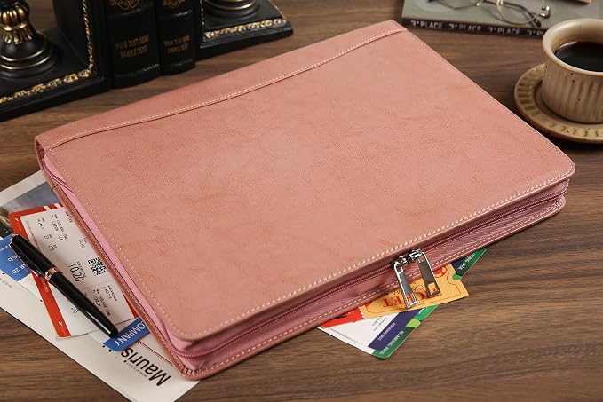 Pink Leather Padfolio for Women, Business Leather Binder 3 Ring Portfolio, Personalzied Leather Portfolio Binder (Pink, Custom) - Image 3