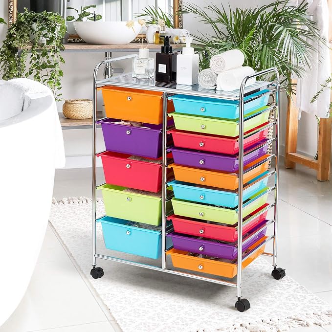 DREAMADE Rolling Cart with 15 Drawers, Rolling Drawer Organizer Cart w/Lockable Wheels, Removable & 2-Sized Storage Drawers, Art Cart for School Home Art Supplies Crafts File Scrapbook (Multi-color) - Image 8