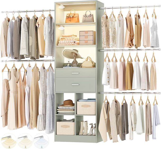 Besiost Closet System, 4-8 FT Closet Organizer System with Smart Sensor Lights, 2 Wooden Drawers and 5 Hanging Rods, Crab Green by Besiost