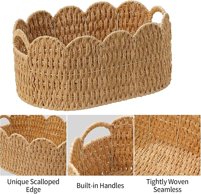 Coeusy Paper Rope Scalloped Basket Set of 2, Wicker Storage Baskets for Shelves,Gifts,Books,Toys,Cute Decor Rattan Baskets for Organizing,Natural Color - Image 7