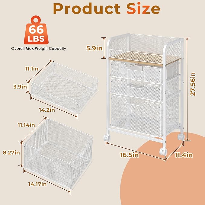 4-Tier Rolling Utility Cart with 3 Drawers-White Craft Organizers and Storage with DIY Dividers, Under Desk Cart with Lockable Wheels, Craft Cart Art Cart for Brushes Artifacts Patent Pending - Image 3