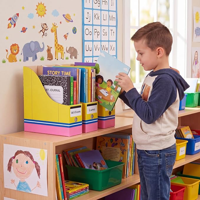 Resurhang 24 Pcs Pencil Book Bins for Classroom Cardboard Magazine Holders Foldable Magazine File Storage Box with Label Stickers for Desk Shelves School Classroom Home Office Supplies - Image 2