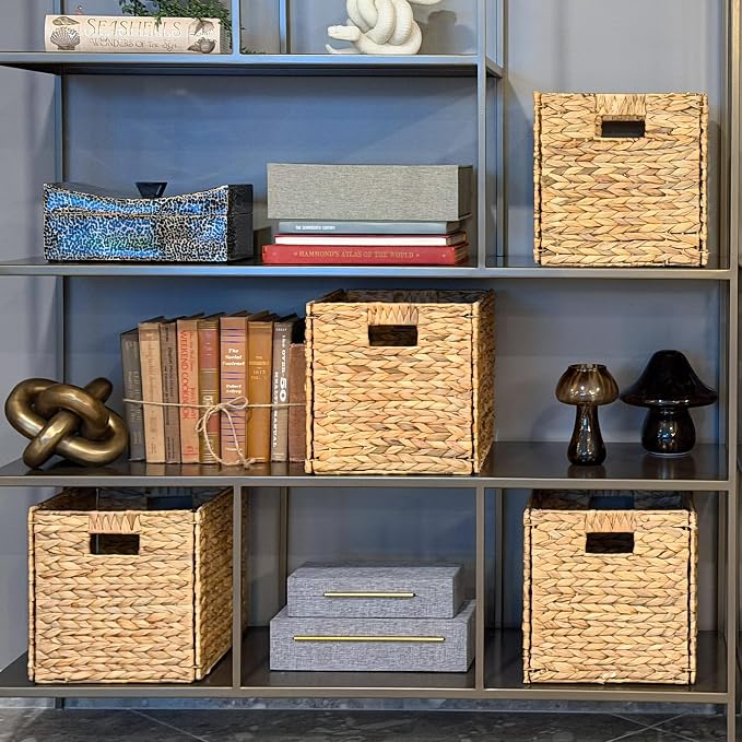 6 Decorative Hand-Woven Water Hyacinth Wicker Storage Basket, 16x11x11 Ideal for Shelving Units - Image 2