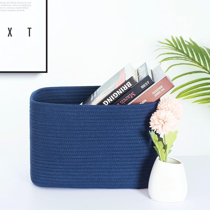 3-Pack Decorative Woven Storage Baskets for Shelves, Cube Bin Box for Organizing Books, Shoes, Dog Toys, Pantry Closet and Living Room Organizer, Navy Blue - Image 2