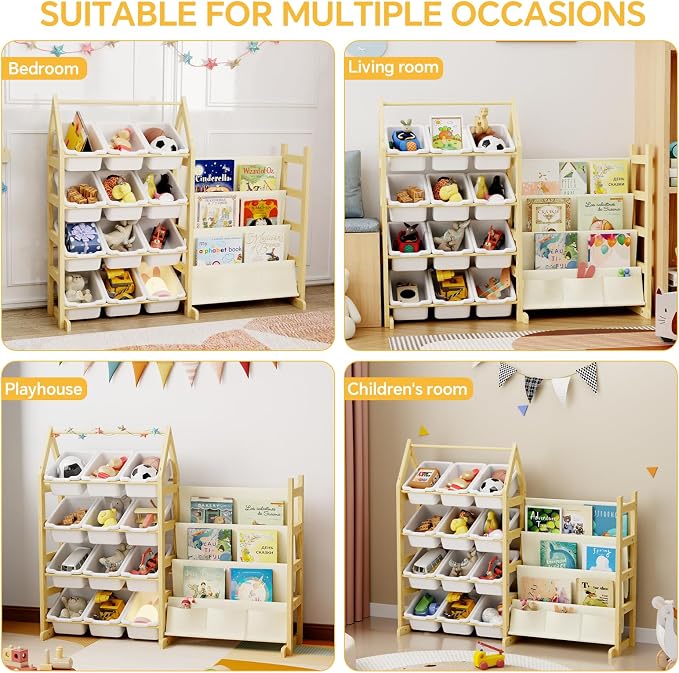 Wooden Toy Storage Organizer Kids Bookshelf, with 12 Toy Organizer Bins, Child Book Shelf for Kids Rooms, Nursery, Baby Room, Playroom, Montessori Toys Storage Organizers Rack Bookcase Shelves - Image 6