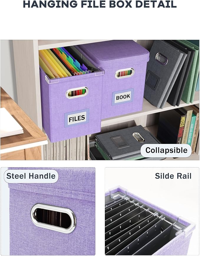 File Organizer Box with Lid, Hanging Filing File Box with Mesh Pocket, Document Organizer Box for Letter Files, Portable Storage Box with Smooth Sliding Rail for Office&Home (1 PCS, Lavender) - Image 5