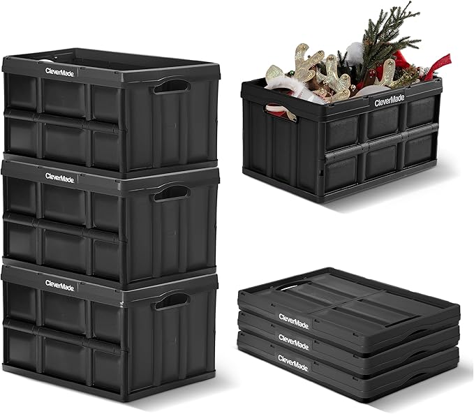 CleverMade Collapsible Storage Bins, 46L, 3 Pack Foldable Storage, Obsidian | Carry Groceries, Tools, and Gear Without Bulky Totes | Each Bin Holds 75 lb, Stacks Securely, and Folds to 2.75 Inches by CleverMade